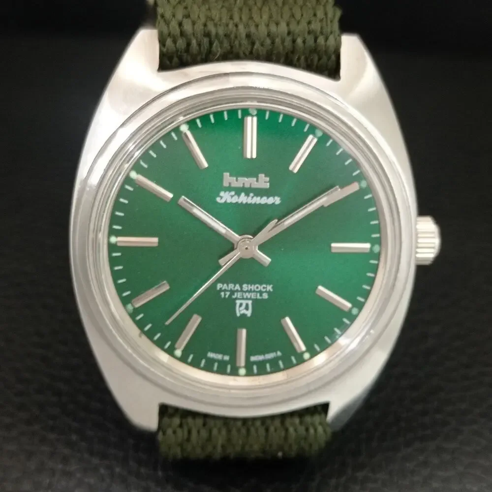 Vintage 1977 HMT Manual Wound Mens Silver Watch & Green accents